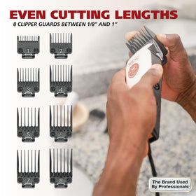 Wahl trimmer with six-position guide comb attached, illustrating beard length control