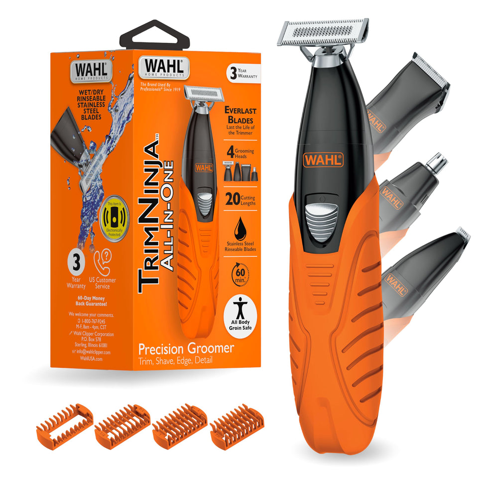 Wahl TrimNinja front view showing full grooming kit and ergonomic grip benefit