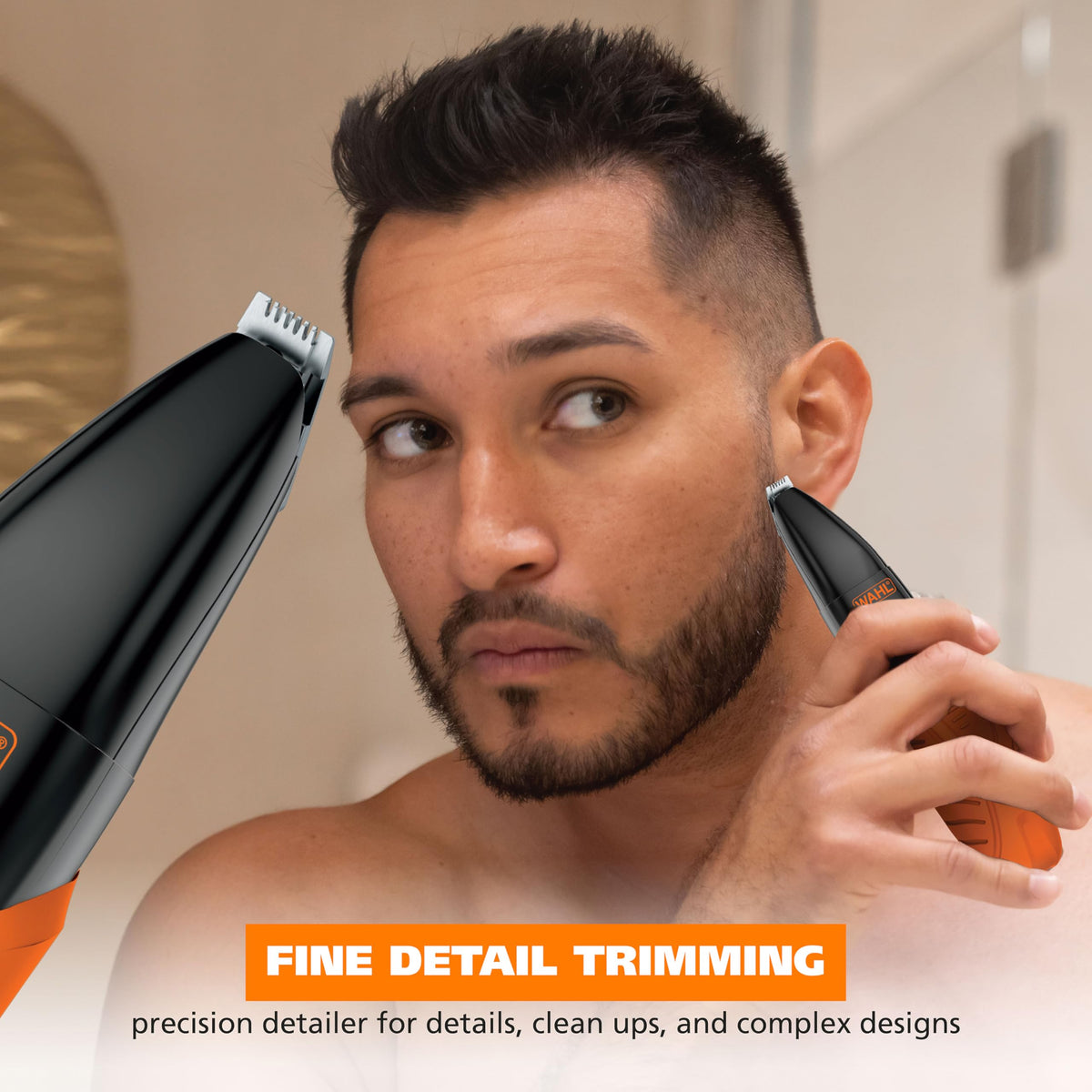 Wahl TrimNinja next to toiletry bag to show compact travel-friendly benefit