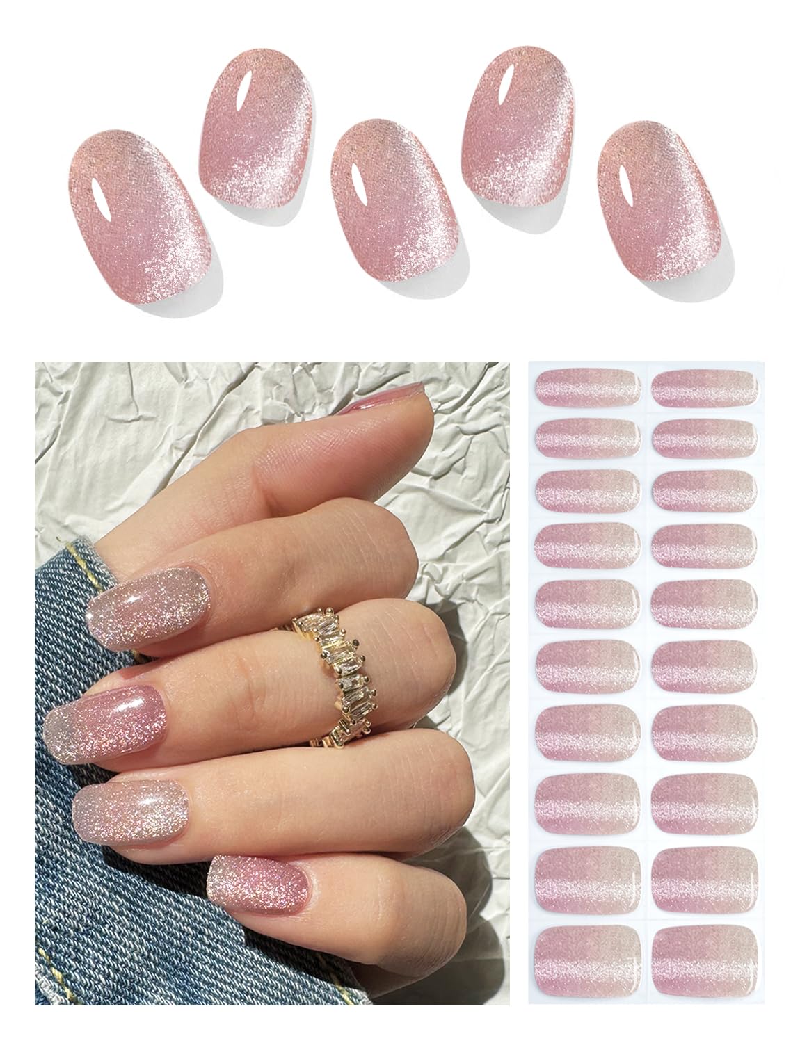 Wahrshei front packaging showing 20 nude pink cat eye gel strips and kit for easy DIY