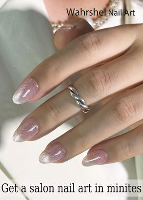 Wahrshei finished cat-eye manicure on hand showcasing salon shine