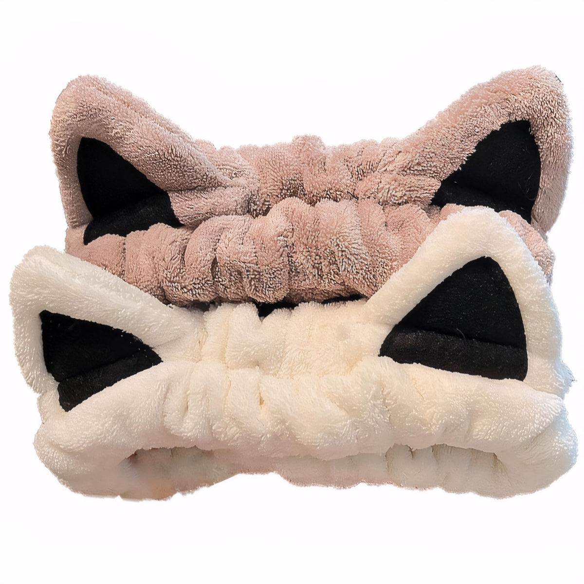 Waliah front view of two beige khaki cat ear headbands showing design and packaging benefit