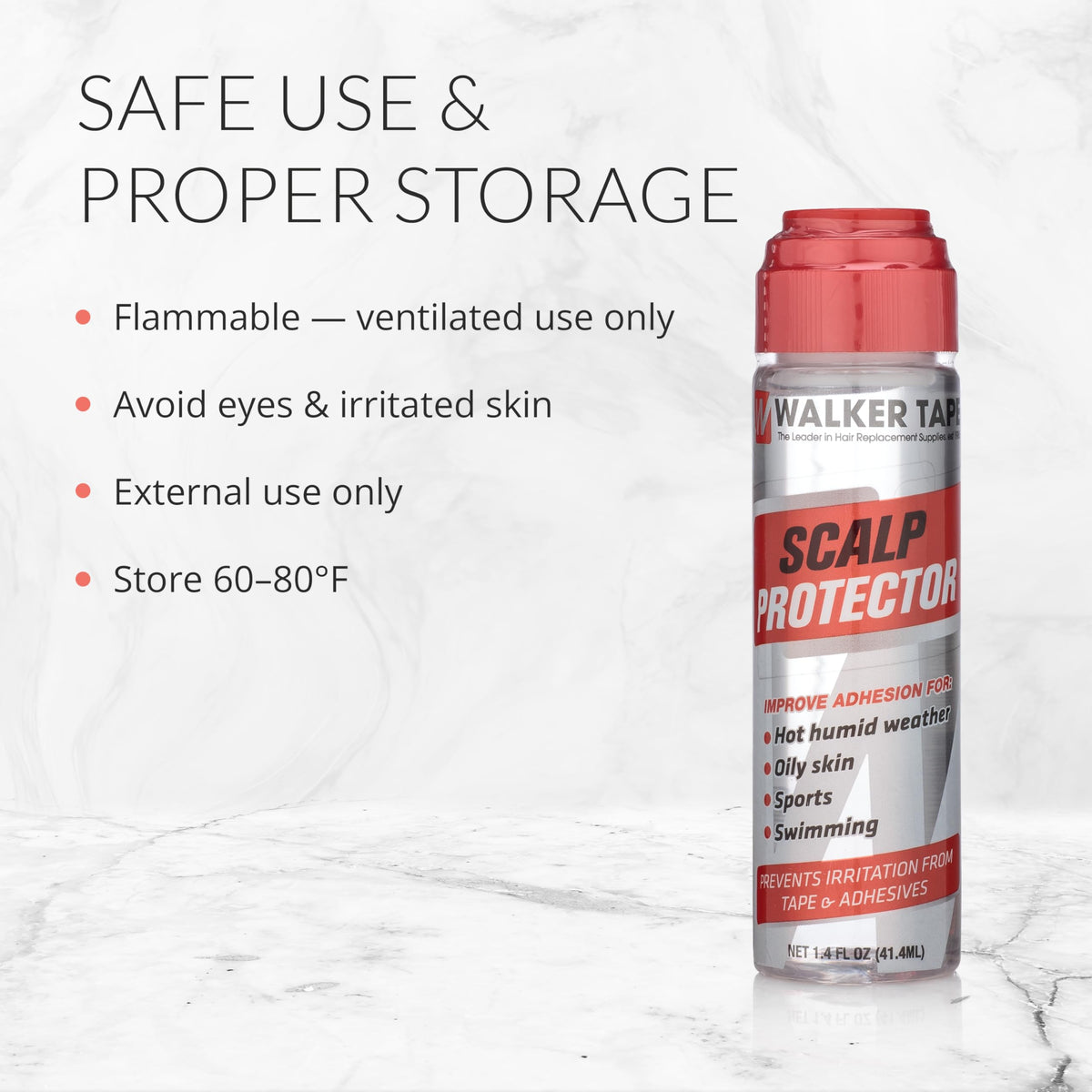 Walker Tape bottle beside a ruler showing 1.4 fl oz size for travel and convenience