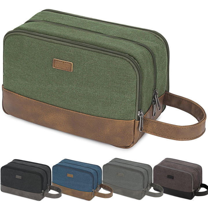 WANDF front view green toiletry bag showing compact, travel-ready design and organized exterior
