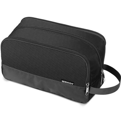 WANDF front view of black toiletry bag showing compact silhouette and easy access