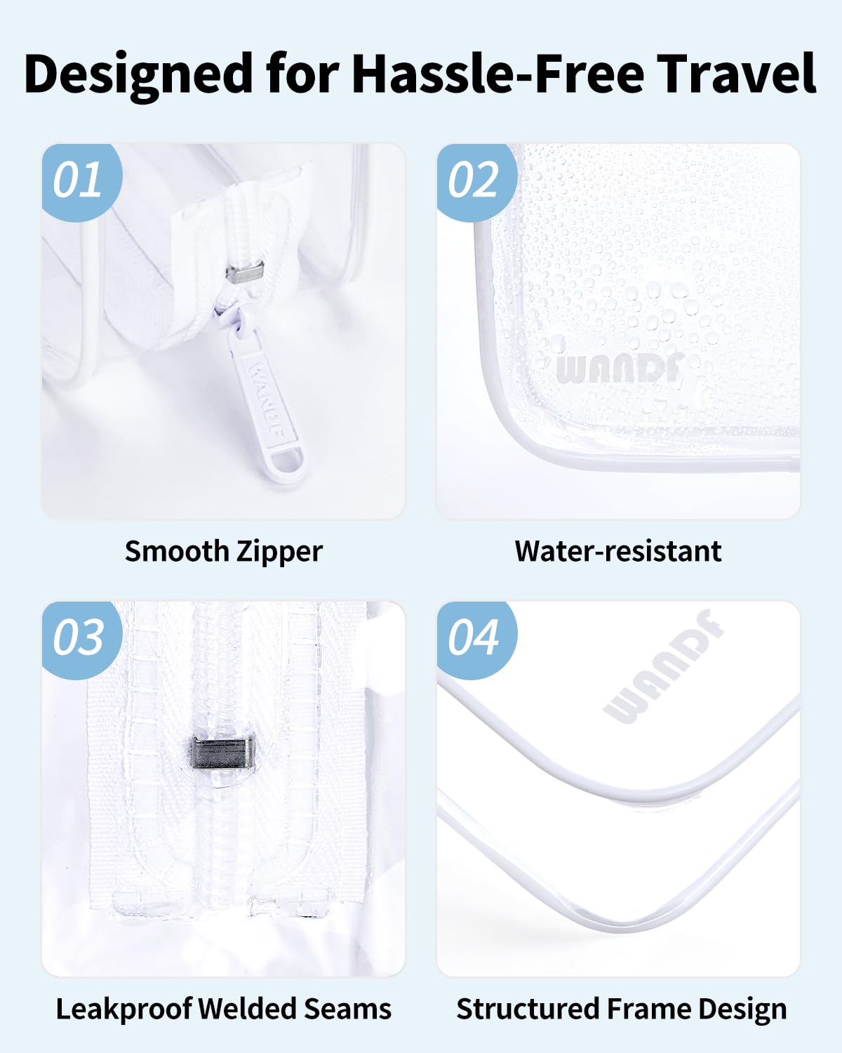 WANDF pouch filled with travel bottles showing organized visibility