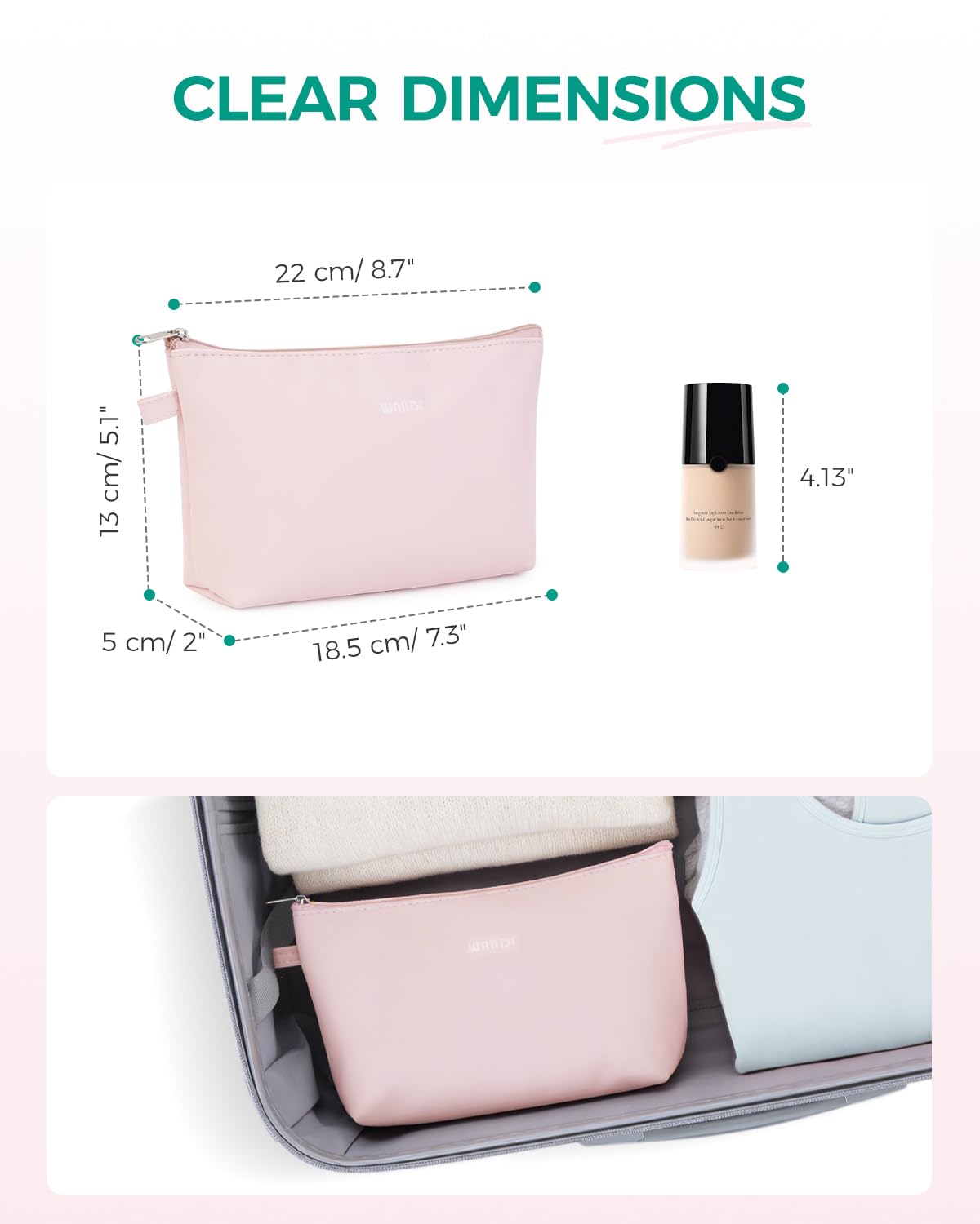 WANDF cosmetic bag open with makeup inside illustrating organization and capacity