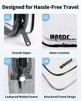 WANDF pouch packed with travel toiletries demonstrating organized, airport-ready benefit