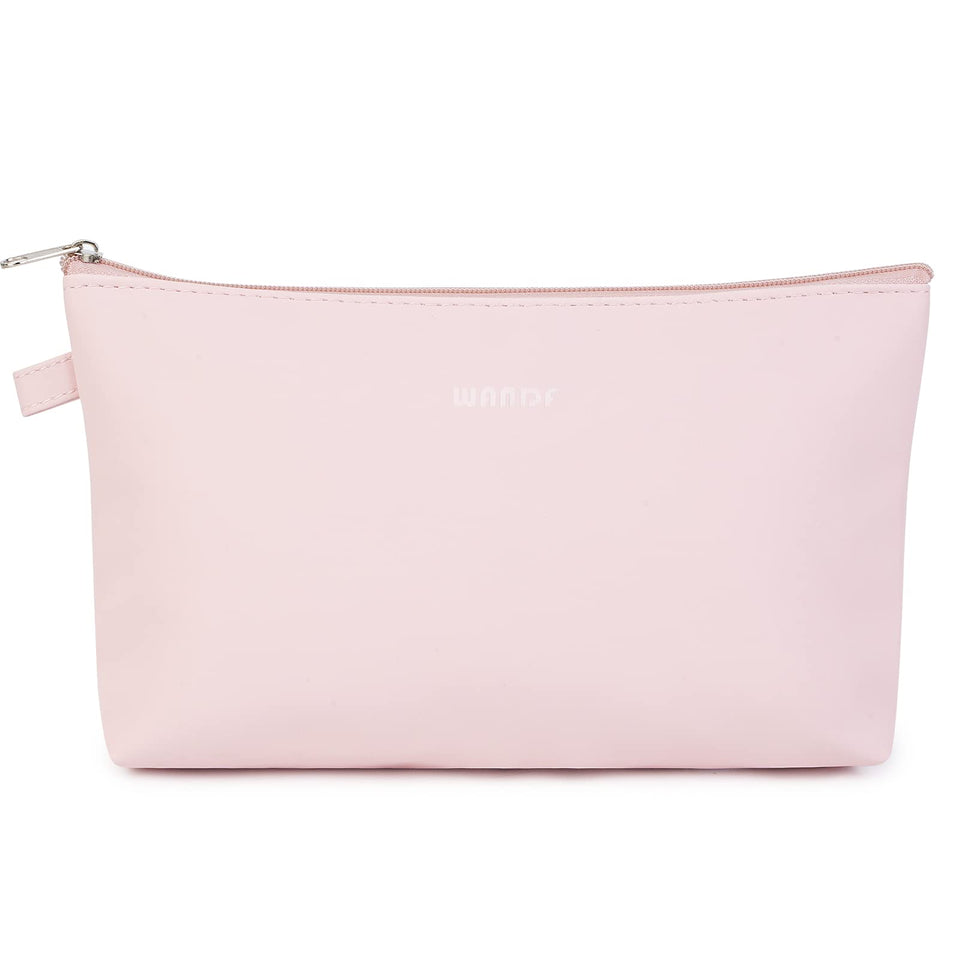 WANDF pink cosmetic bag front view showing compact stylish design and portability