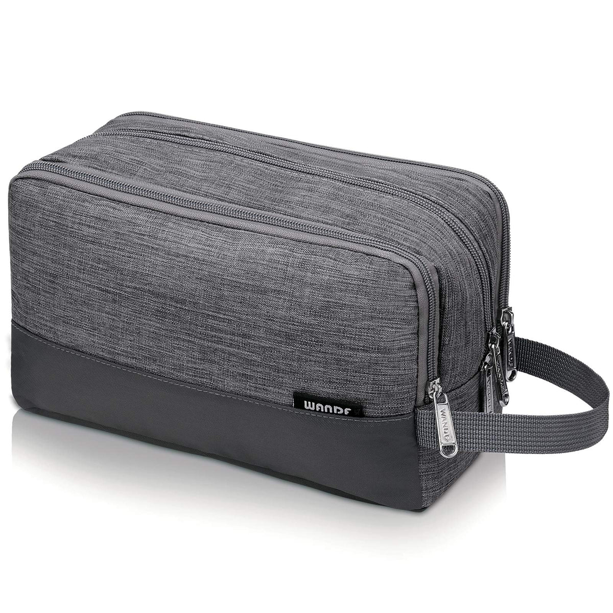 WANDF toiletry bag front view showing compact profile and organized pockets