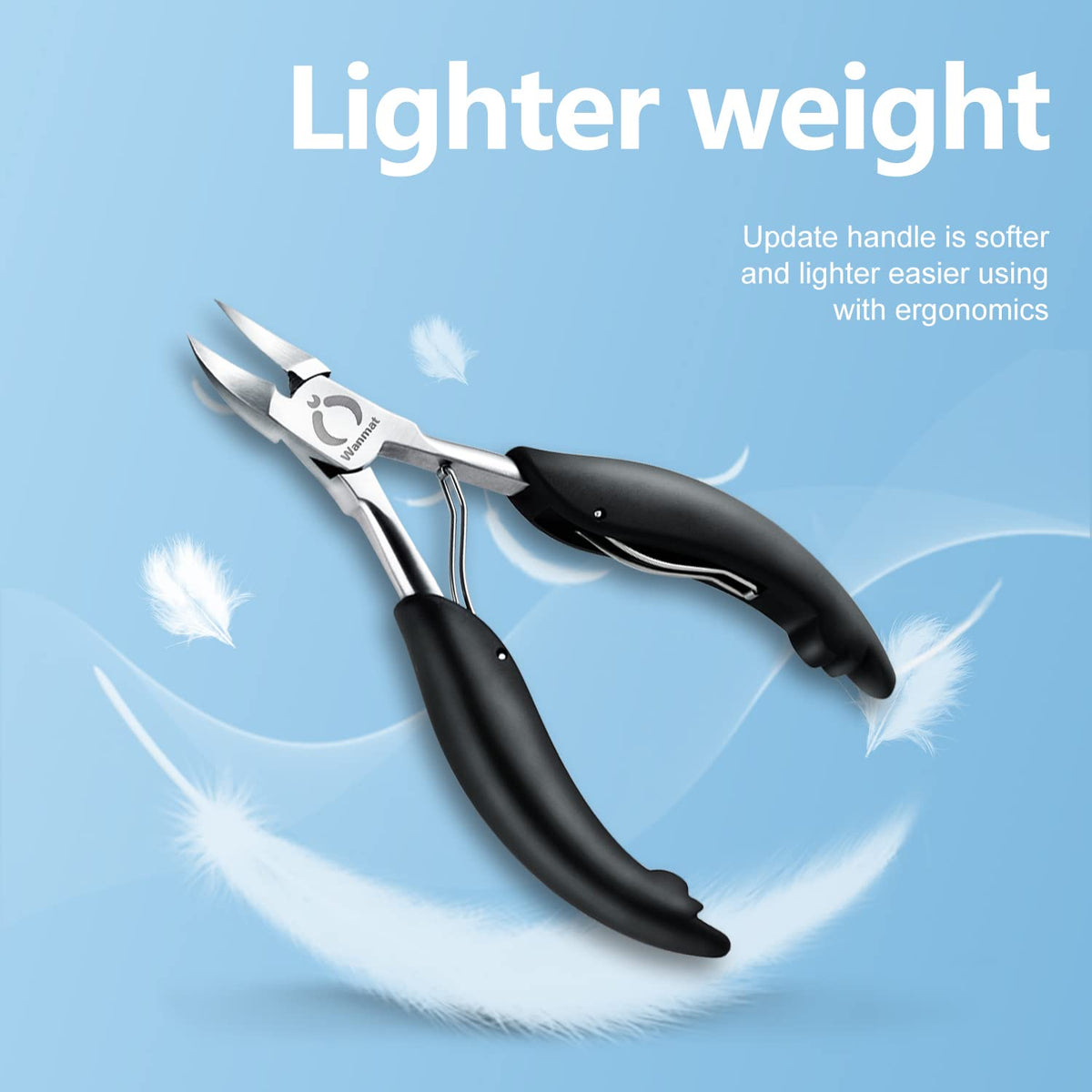 Wanmat close-up of curved 25-degree blade highlighting precise trimming benefit