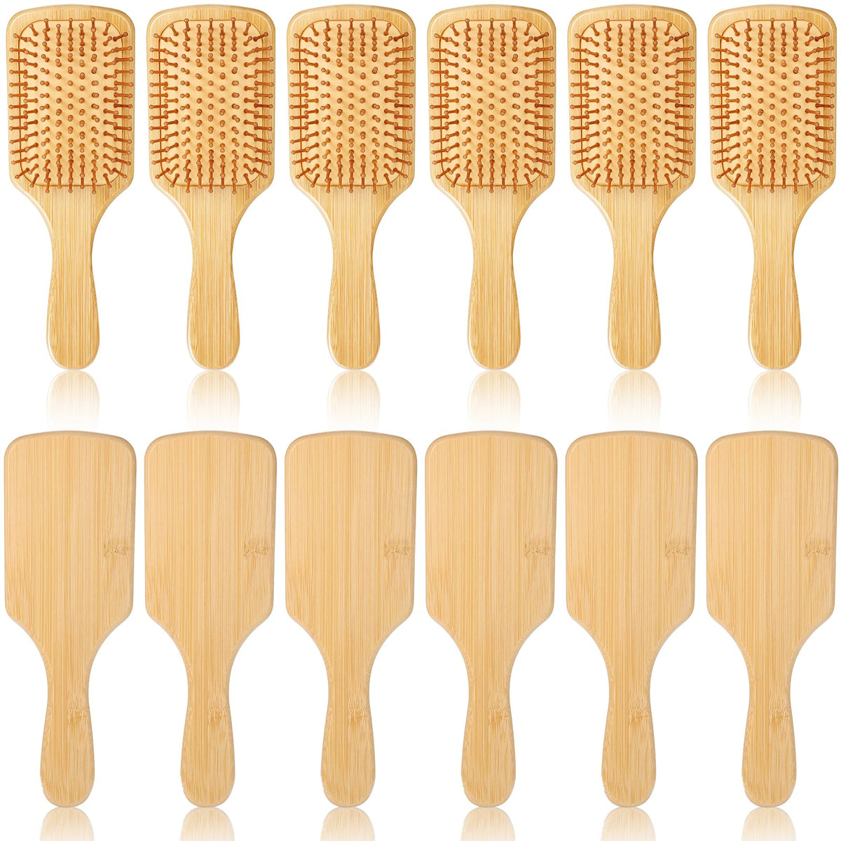 Wanmu bamboo paddle brush front view showing natural wood finish and wide coverage benefit