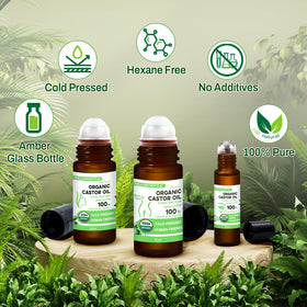 Warmify amber glass bottle label visible, protecting oil and indicating organic certification benefits
