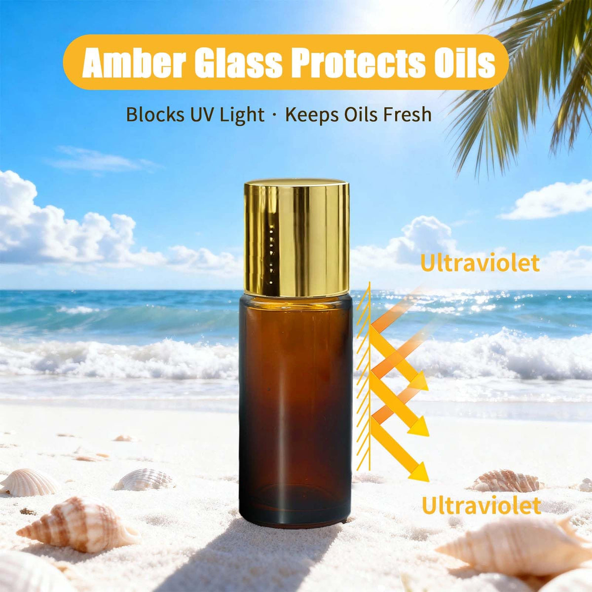 Warmify amber glass texture detail highlighting thick glass and light protection benefit