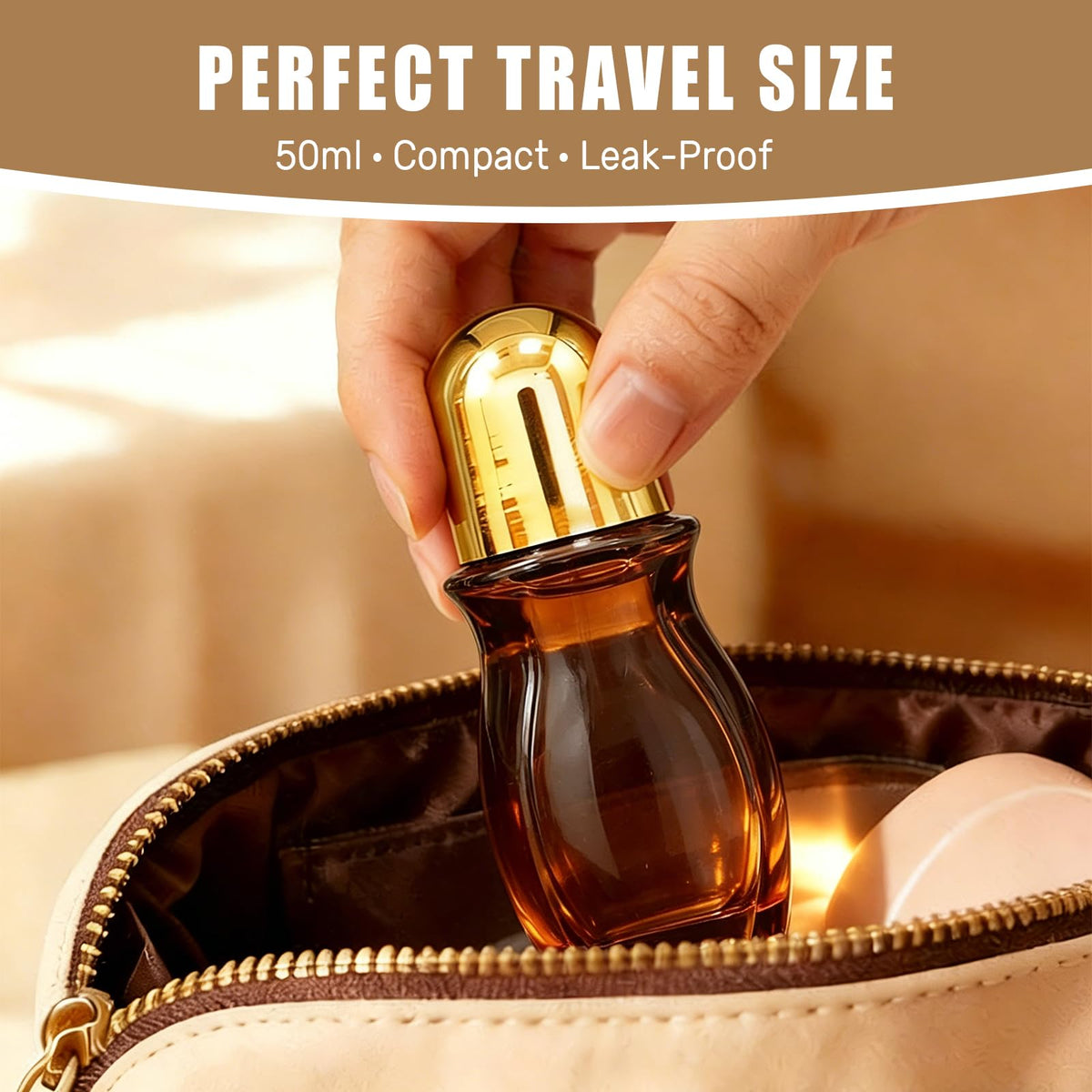 Warmify bottle held in hand showing 50ml scale and easy portability