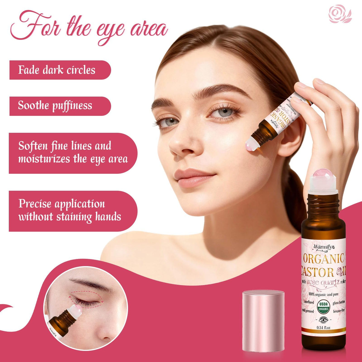 Warmify larger face roller in hand illustrating ergonomic grip and even oil spread benefit