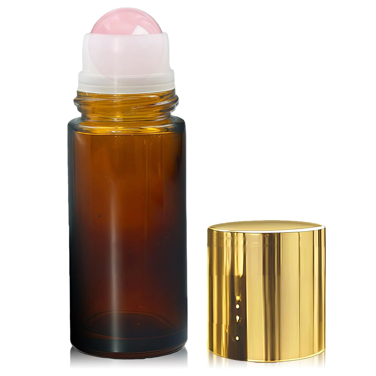 Warmify bottle front view showing amber glass and rose quartz roller benefits protection