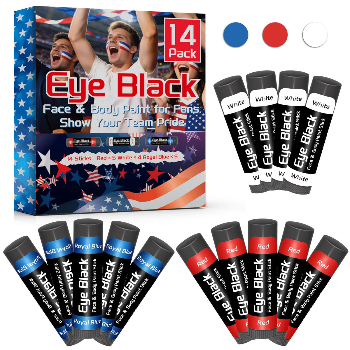 Warmify front packaging showing 14-pack patriotic eye black and bold colors
