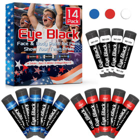 Warmify front packaging showing 14-pack patriotic eye black and bold colors