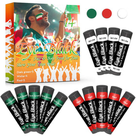 Warmify front packaging showing 14-pack Mexico flag eye black benefits