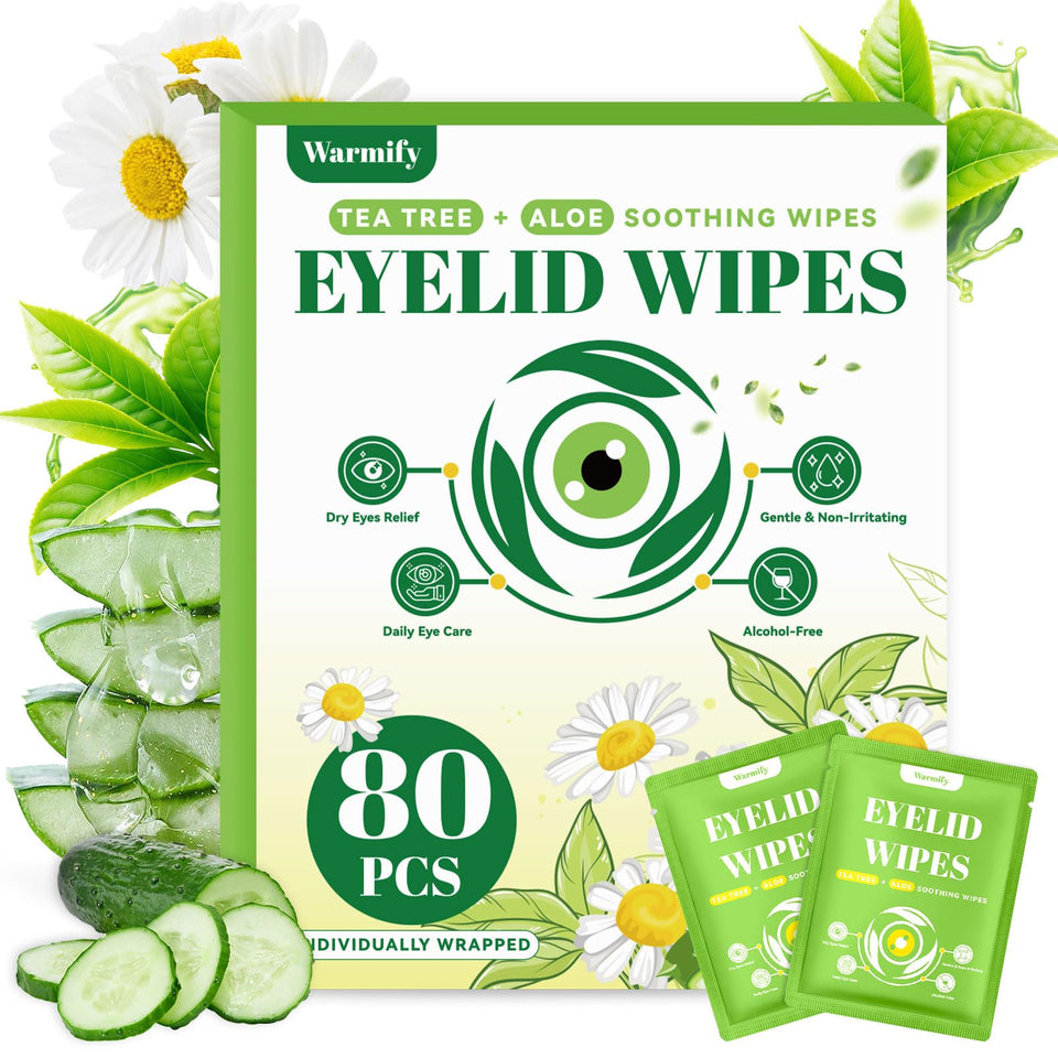 Warmify front packaging showing 80 wipes for convenient eyelid hygiene