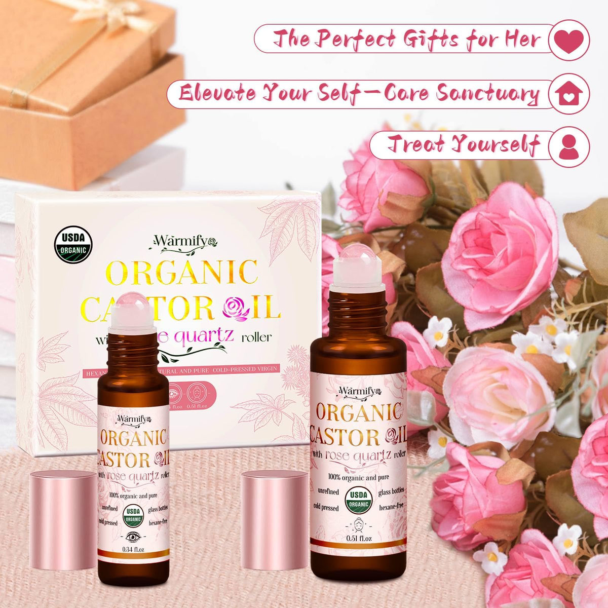 Warmify rollers staged in spa-night setting conveying relaxing self-care ritual benefit