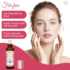Warmify roll-on dispenser touching skin showing clean, mess-free oil application benefit