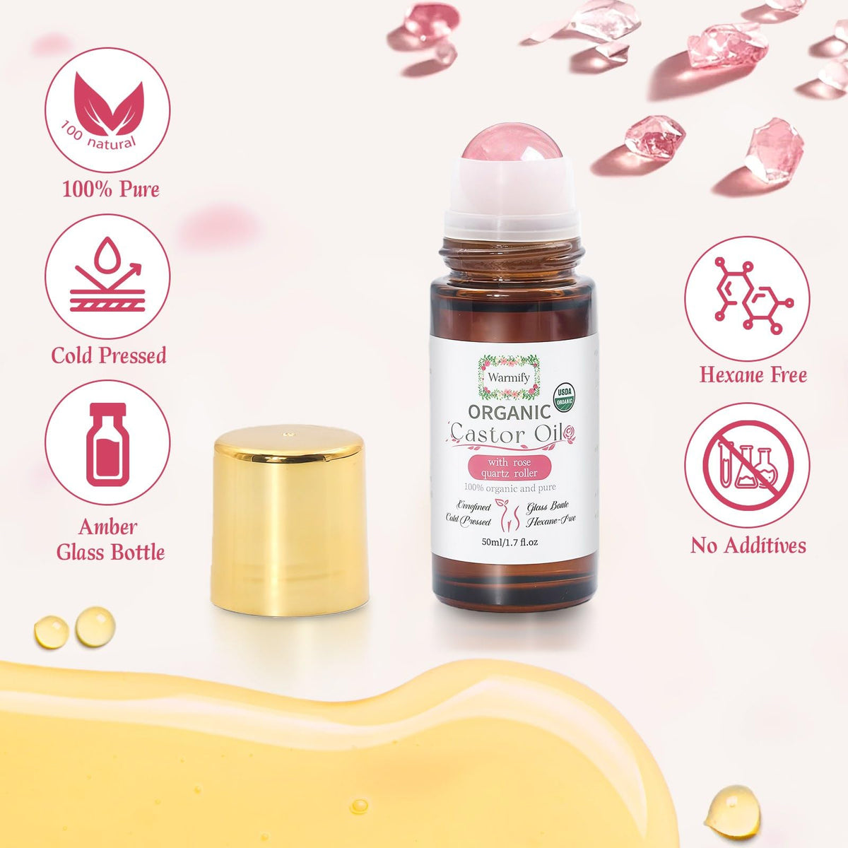 Warmify rose quartz roller close-up offering cooling massage benefits