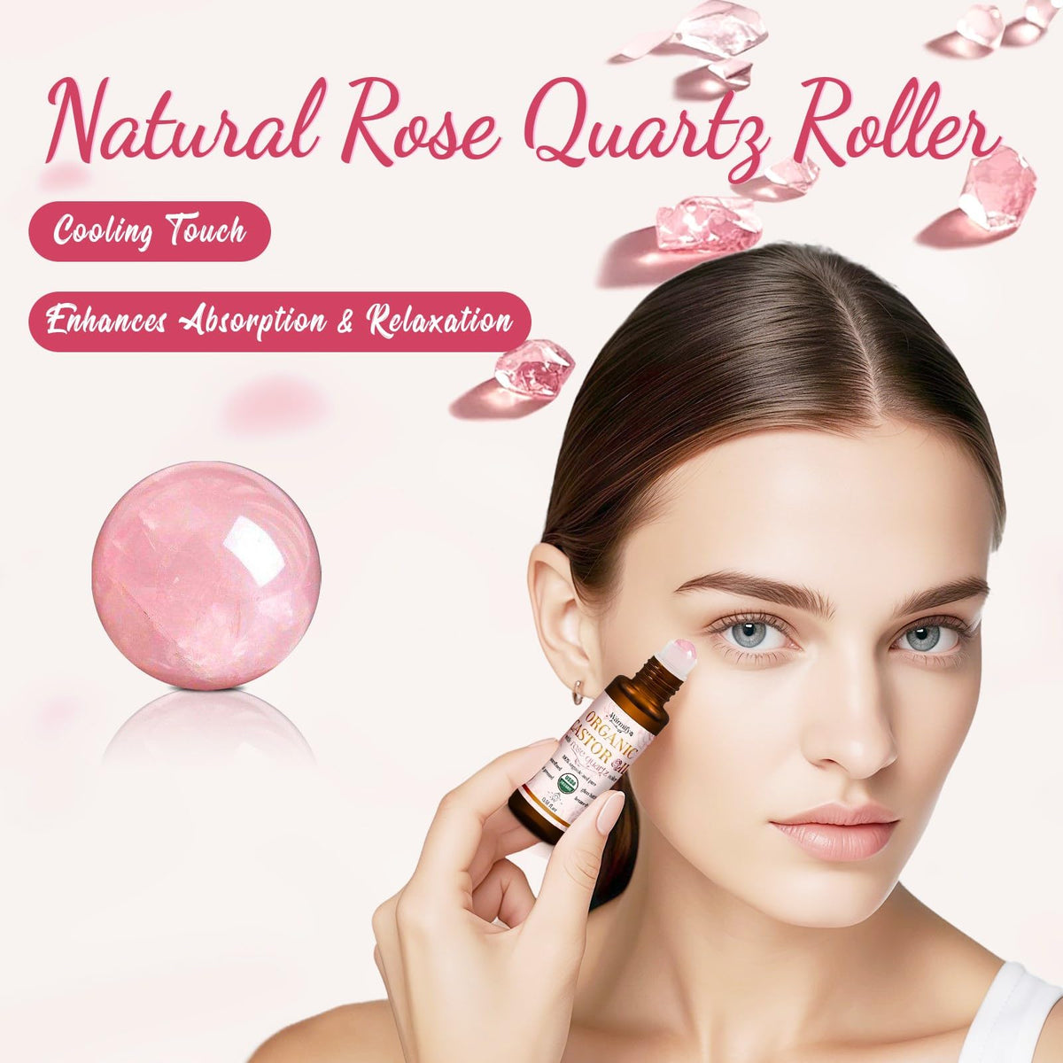 Warmify genuine rose quartz roller close-up showing smooth stone and cooling texture benefit