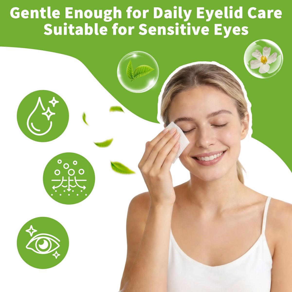 Warmify wipe being used on closed eyelid demonstrating gentle cleansing