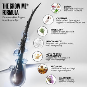 Watermans Grow Me ingredients display with biotin rosemary and argan oil