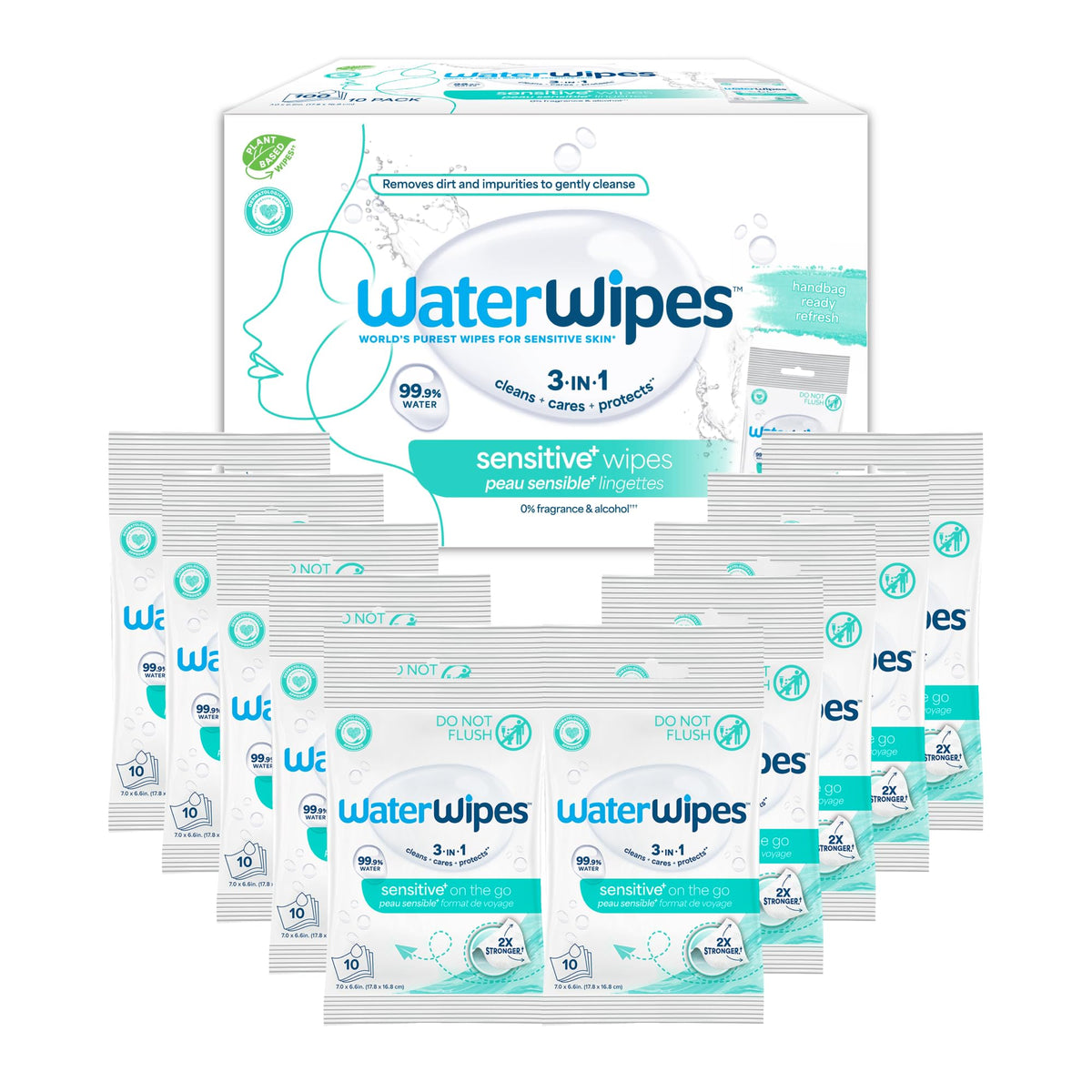 WaterWipes front packaging showcasing 10-pack for convenient storage and purity