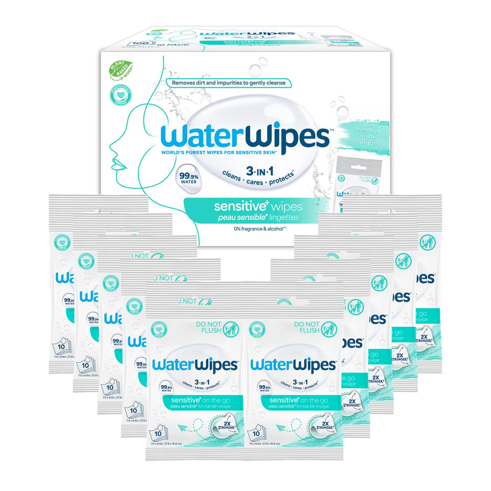 WaterWipes front packaging showcasing 10-pack for convenient storage and purity