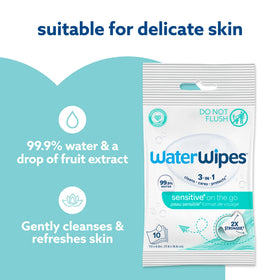 WaterWipes open pack with wipe pulled out showing easy dispensing and quick use