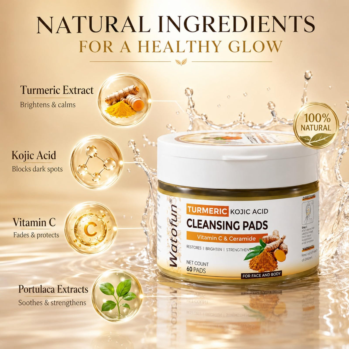 Watofun detailed pad soaked in solution showcasing active-loaded formula benefits
