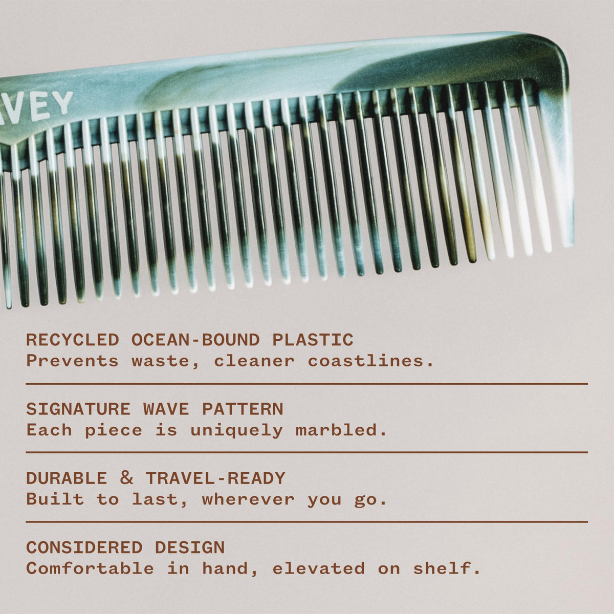 WAVEY comb on bathroom counter in lifestyle scene showing daily grooming convenience