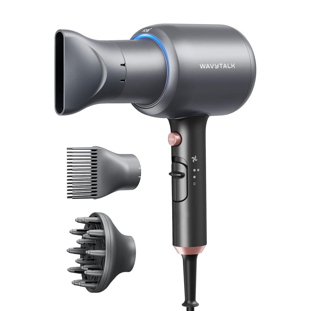 wavytalk front view grey dryer showing compact design and fast drying benefit