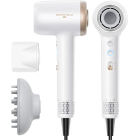 wavytalk hair dryer front angle showing sleek white body and ergonomic handle, fast styling benefit