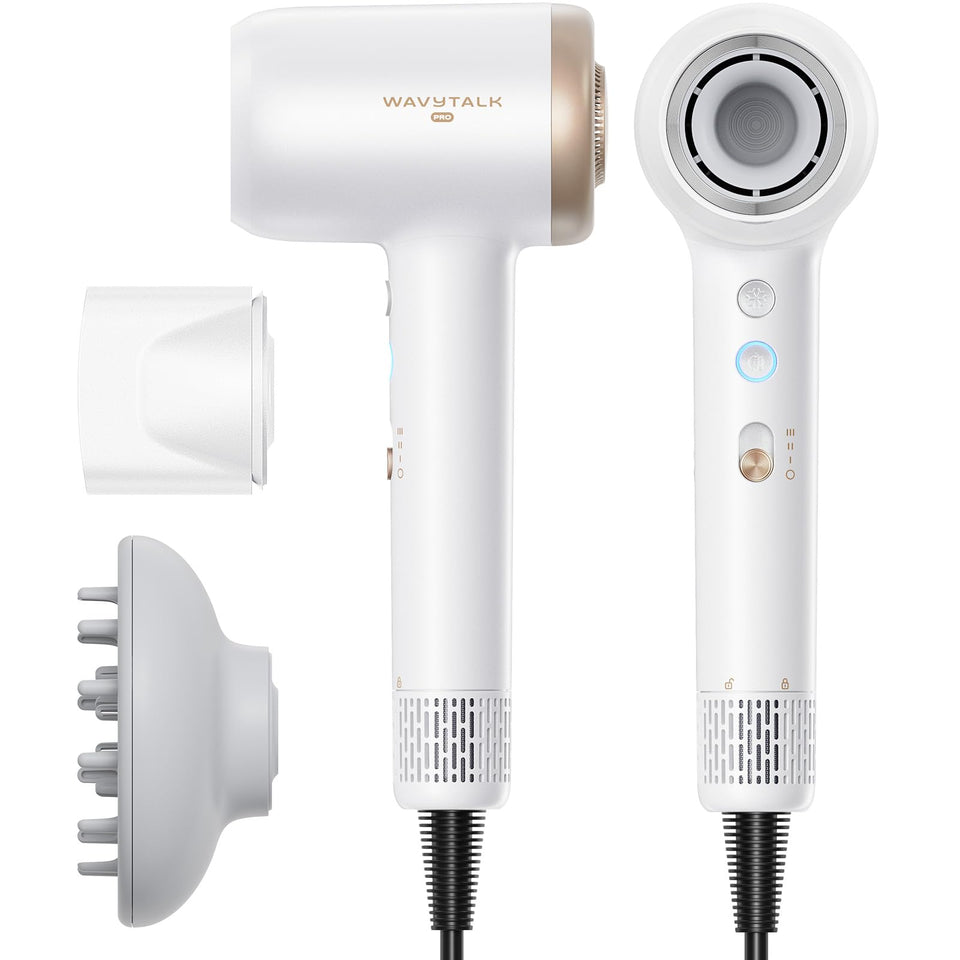 wavytalk hair dryer front angle showing sleek white body and ergonomic handle, fast styling benefit