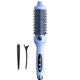 wavytalk front packaging showing the blue heated round brush and benefits