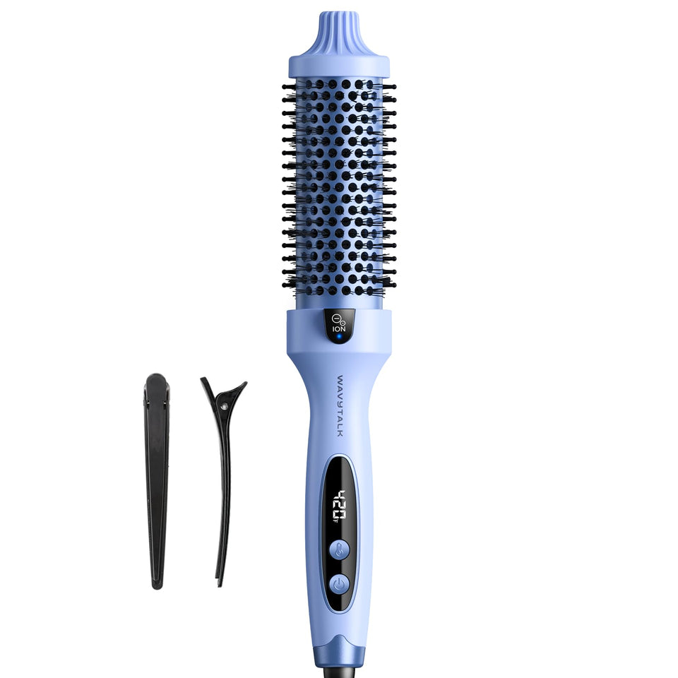 wavytalk front packaging showing the blue heated round brush and benefits