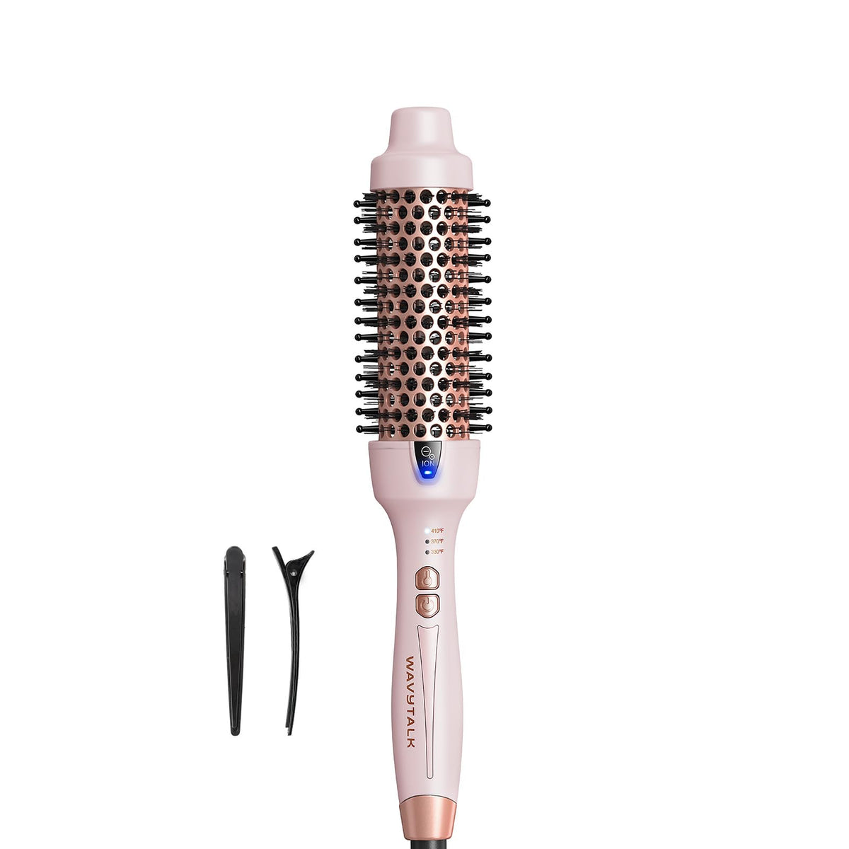 wavytalk front view of brush showing millennial pink finish and ergonomic grip for styling ease