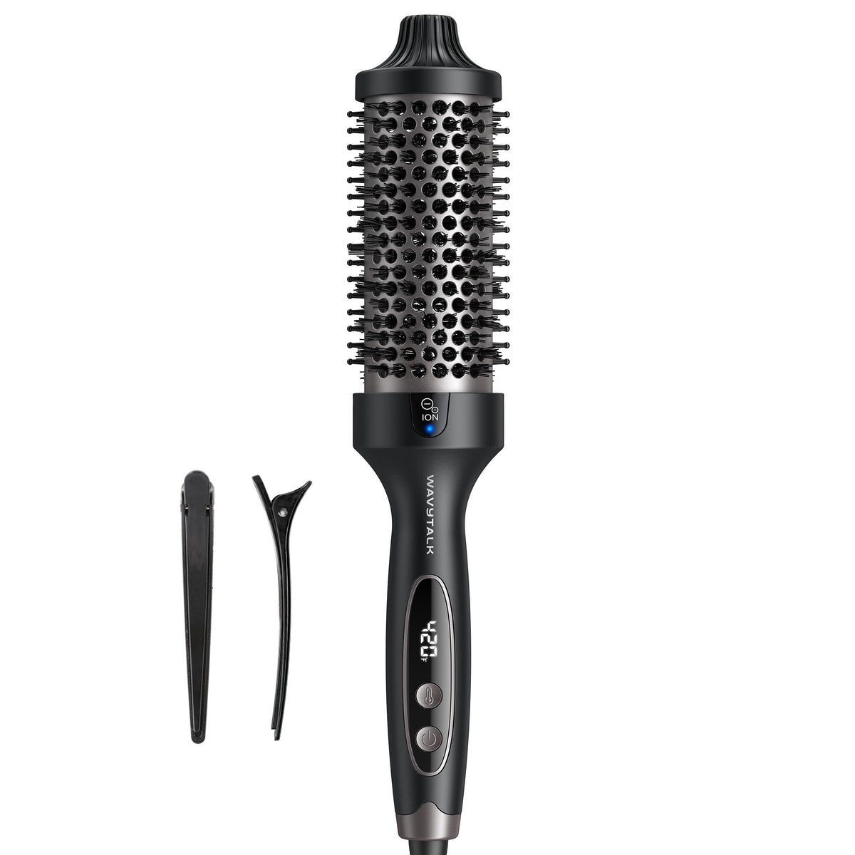 wavytalk front view of heated round brush showing sleek black body and barrel for fast styling