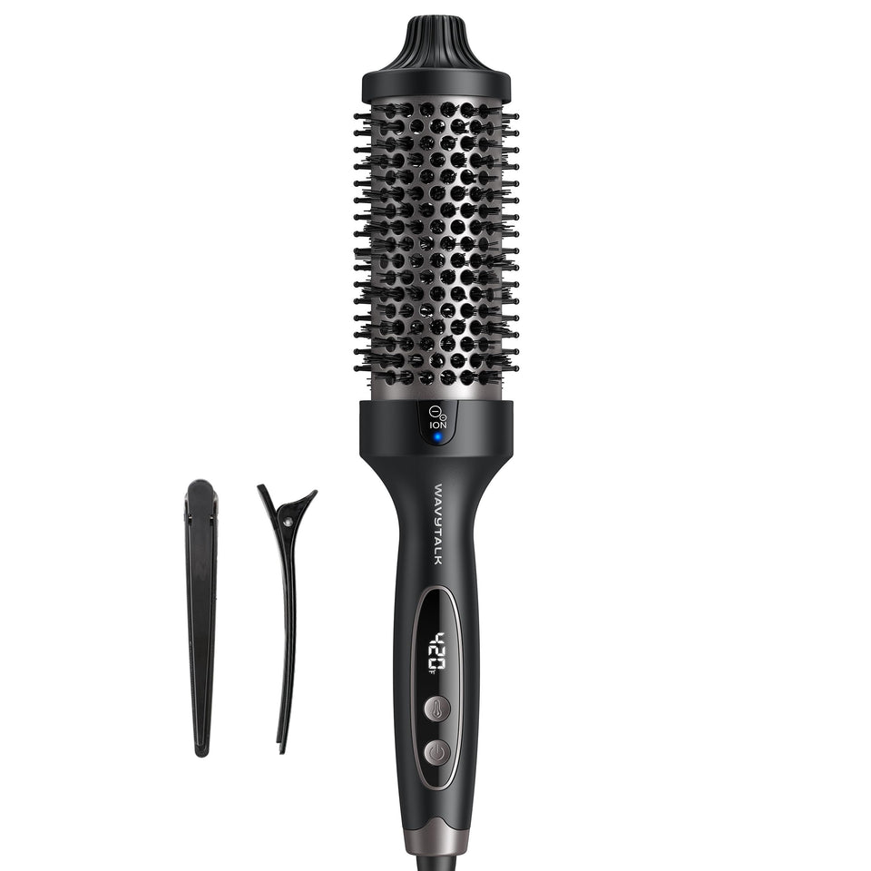 wavytalk front view of heated round brush showing sleek black body and barrel for fast styling