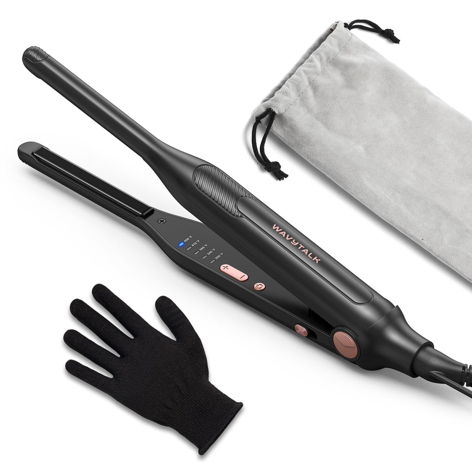 wavytalk front view of compact pencil flat iron showing slim profile and controls for precision