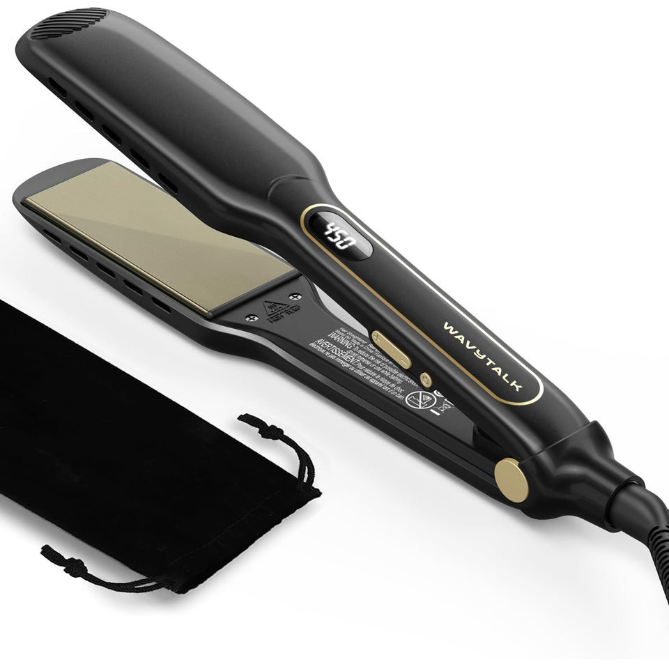 wavytalk front view flat iron shows sleek black body and ergonomic handle for comfortable styling