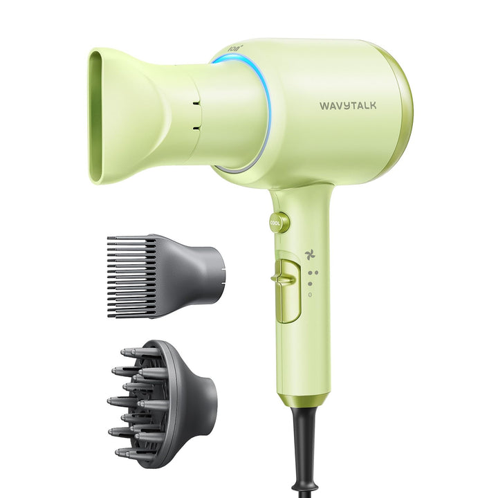 wavytalk front view green hair dryer showing sleek design and fast drying