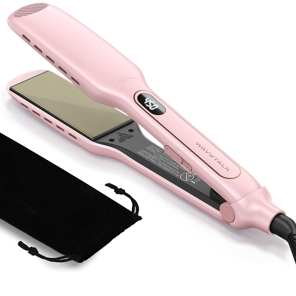 wavytalk front view pink flat iron showing sleek design and quick styling benefit