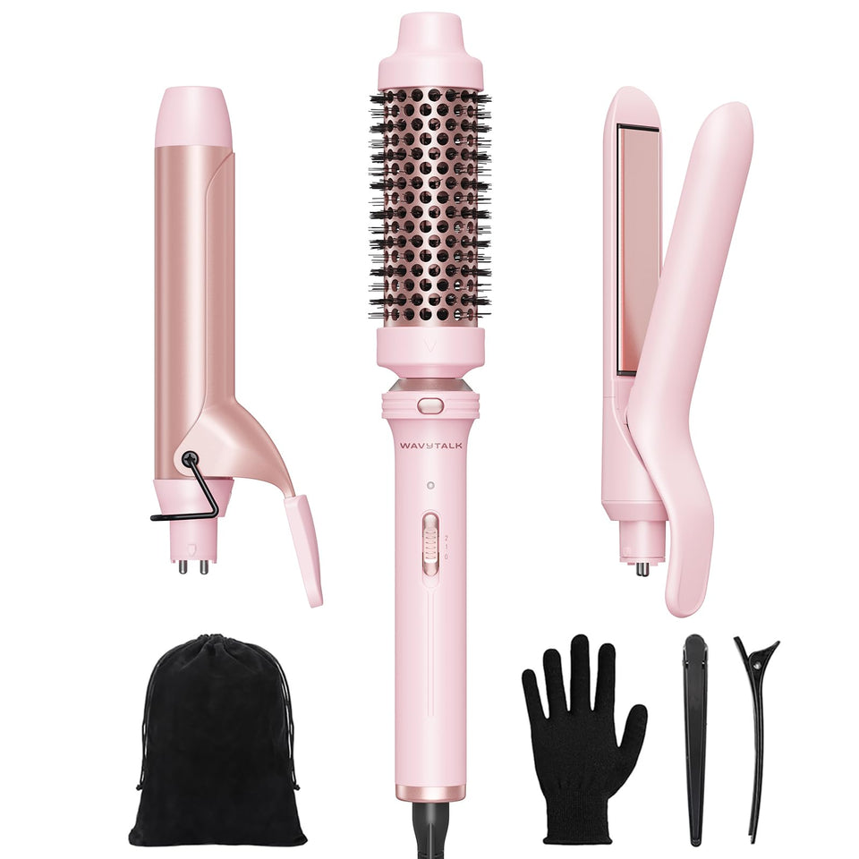 wavytalk front view pink set showing all attachments and handle for versatile styling