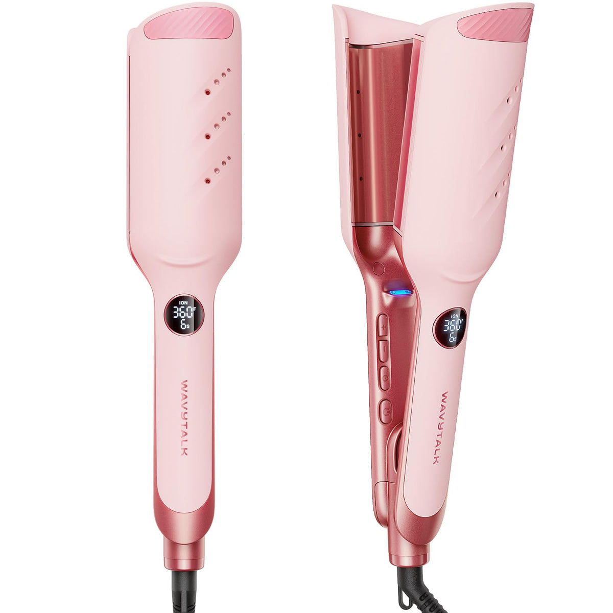 wavytalk front view of pink Power Wave crimper showing sleek design and easy grip benefit